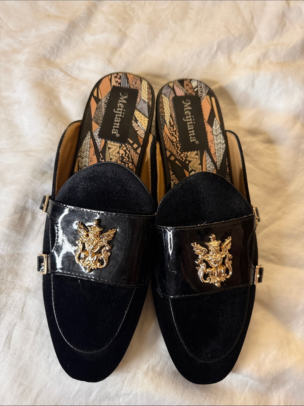 Men's Black Velvet and Patent Slip-On Loafers with Gold Crest